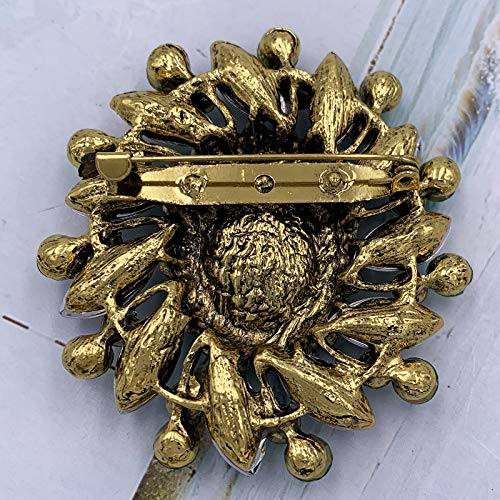 Image of SELOVO Flower Rhinestone Statement Brooch Pin Broach Antique Gold Tone