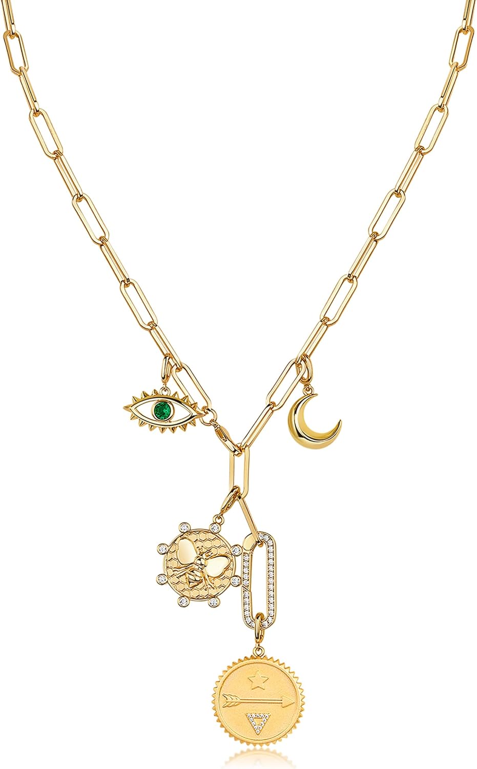 PAVOI 14K Gold Plated Cluster Toggle Pendant Heart Charm Necklace for Women - Chain Heart, Star, Gemstone Evil Eye, Teardrop Cubic Zirconia Pendant Gold Charms Necklaces - Valentines Day Trendy Jewelry