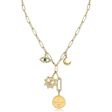 PAVOI 14K Gold Plated Cluster Toggle Pendant Heart Charm Necklace for Women - Chain Heart, Star, Gemstone Evil Eye, Teardrop Cubic Zirconia Pendant Gold Charms Necklaces