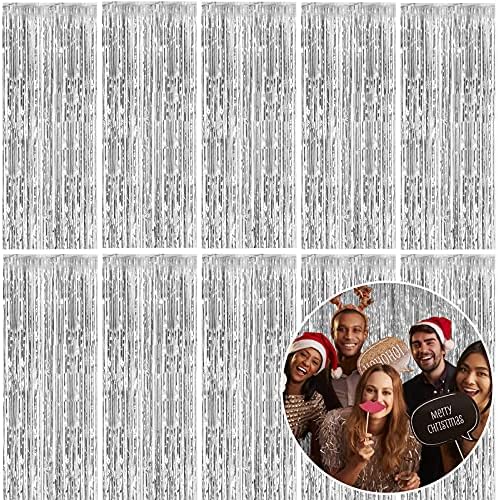 10 Pack Foil Curtain Backdrop Silver Metallic Tinsel Foil Fringe Curtains Photo Booth Props for Birthday Wedding Engagement Baby Shower Bachelorette Christmas Holiday Celebration Party Decorations