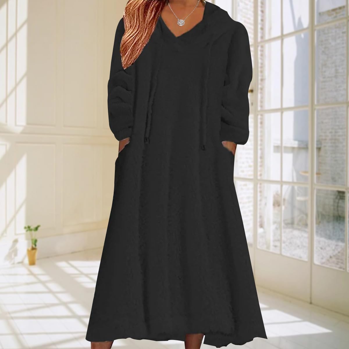 2024 Women's Fleece Fuzzy Hoodies Dress Long Dress Oversized Hooded Sweatshirts Dress Warm Winter Hoodies with Pocket - Image 3