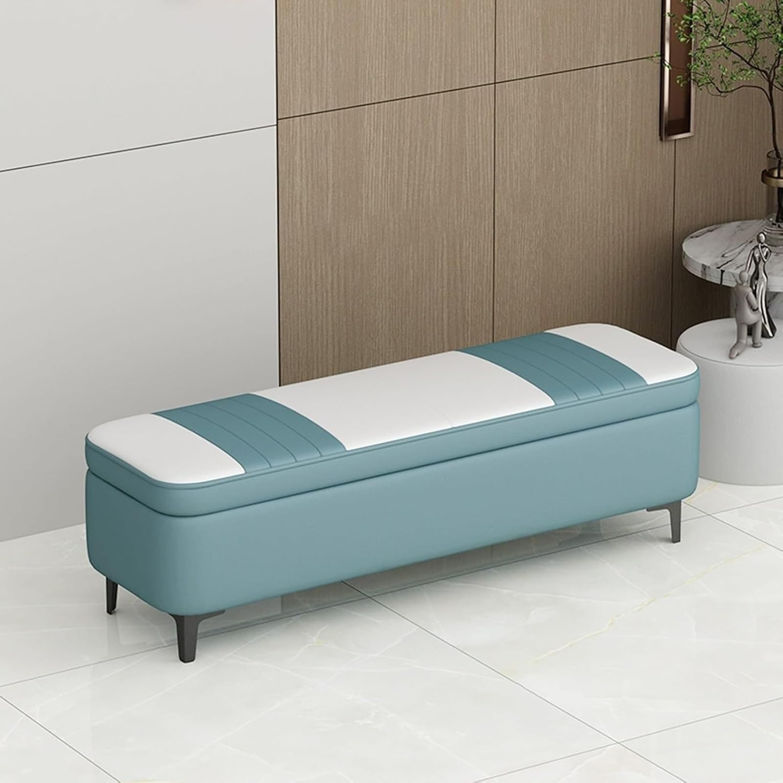 Banc de rangement moderne en coton cyan de 80 cm pour entrée