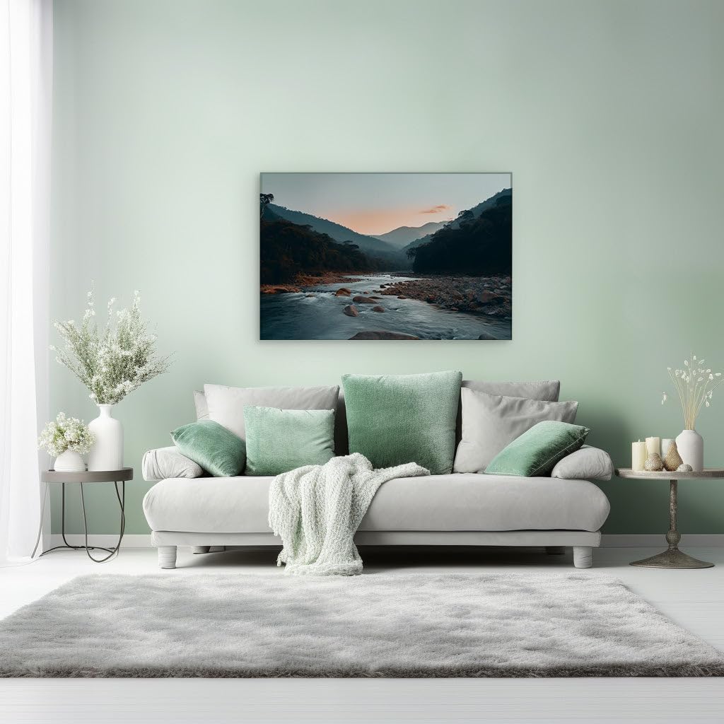 Canvas for Living room. Riverside Serenity: Embracing Nature's Peaceful Palette from Dawn Till Dusk, 27 x 18 inch Canvas Wall Art - Contemporary Masterpieces - Modern Home Decor