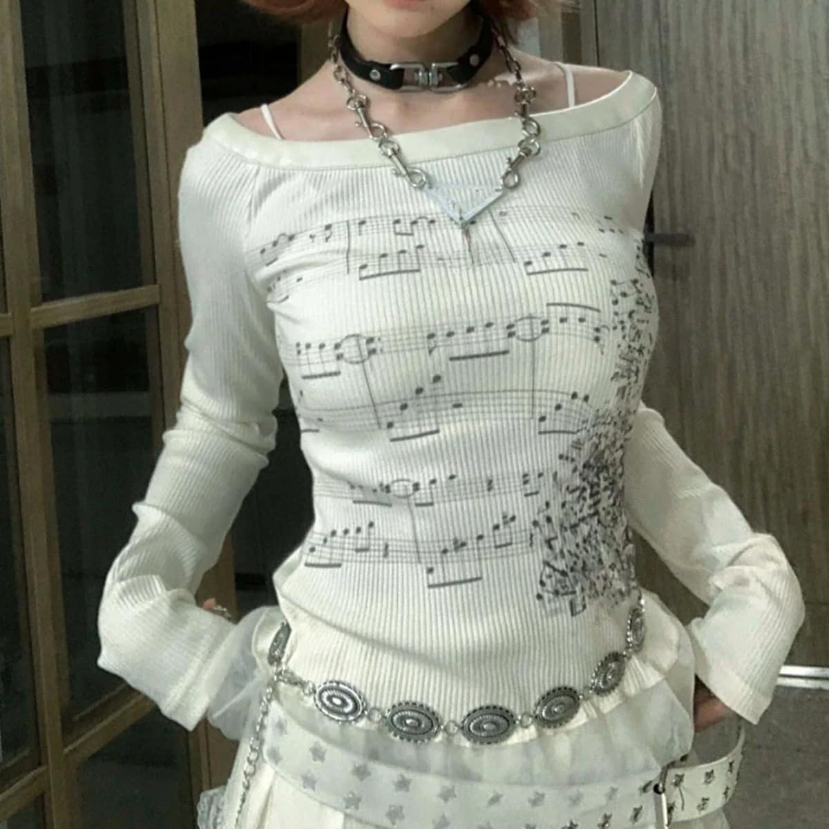 Y2K Emo Grunge Goth Shirt Long Sleeve Off Shoulder Teen Girls T-Shirt Alt Top 2000s Clothes - Image 5