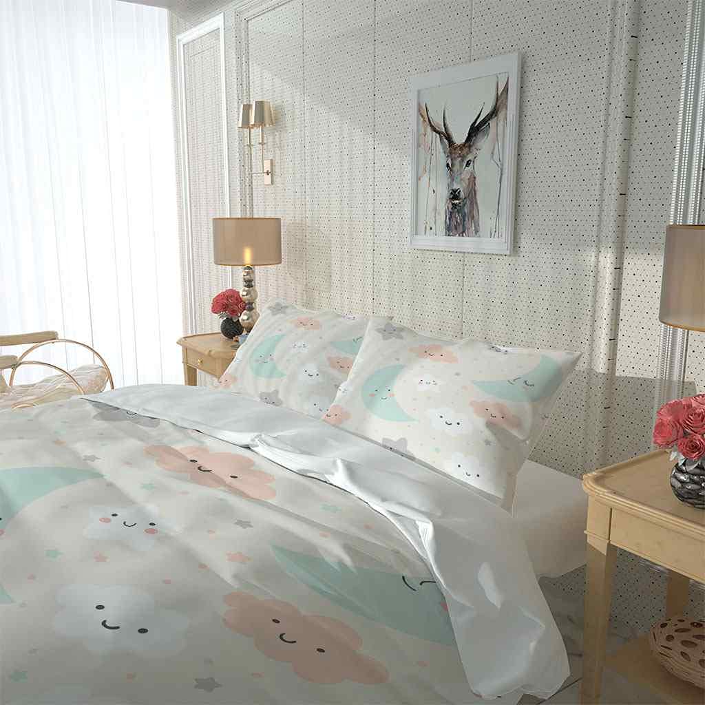 Fundas Nordicas Infantiles Niños Y Niñas Super Suave Comodo Impresión Luna De Nubes Rosadas Ropa De Cama Incluye 1 Funda De Edredón Y 2 Fundas De Almohada 155x220cm (para Cama 90/105)
