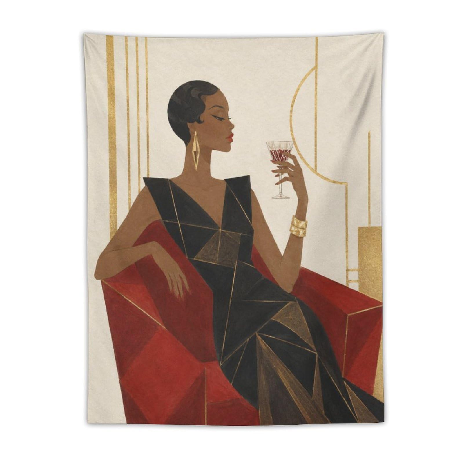 H3B8U2Y5 Elegant Woman with Wine Wall Tapestry, Geometric Art, Bed
