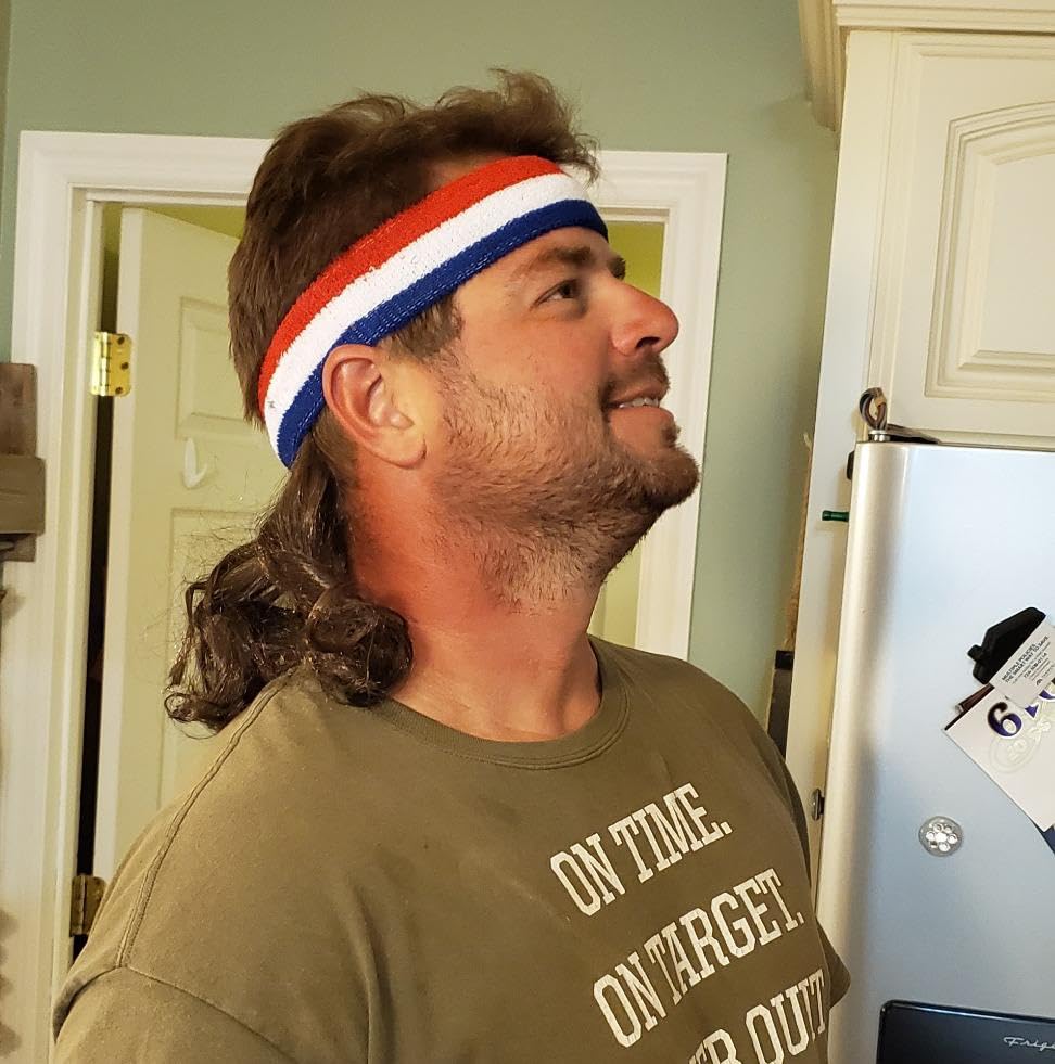 Image of Red White Blue Stripe Headband Mullet Wig for Men, USA Patriotic Retro Curly Mullet Wig, 4th of July Halloween Costume Party Wig (Medium Brown)