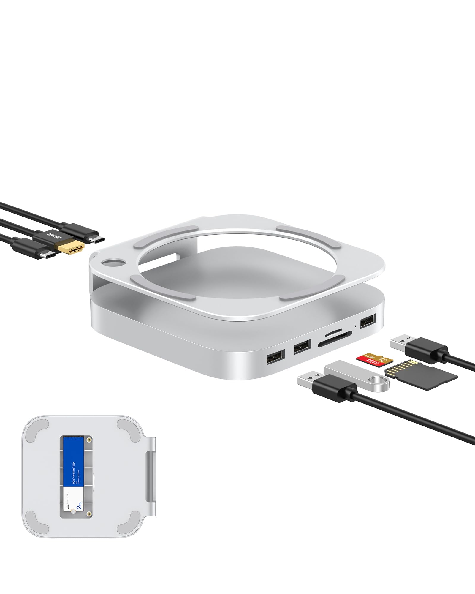 GEWOKLIY Mac Mini Dock, supporto e hub in alluminio per Mac Mini M4/M4 Pro 2024 con alloggiamento SSD M.2 NVMe, HDMI 4K 60Hz, 2X USB-A 10Gbps, lettori di schede SD/TF, accessori dati USB 2.0 (argento)