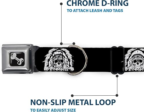 Miniatura 5 de Collar de perro hebilla de cinturón de seguridad nativo americano cráneo negro blanco 18 a 32 pulgadas 1.5 pulgadas de ancho
