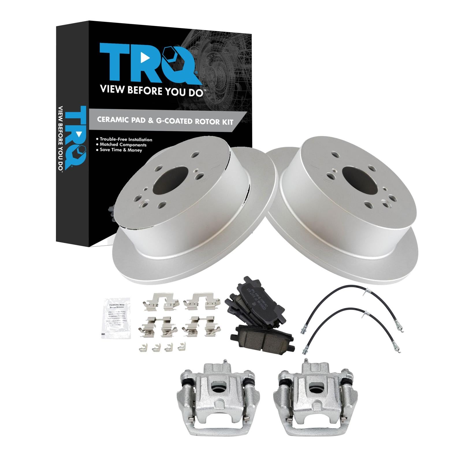 TRQ Rear Brake Pad and Rotor Set Ceramic Coated Calipers Compatible with 2004-2006 Lexus RX330 2006-2007 RX400h 2006-2007 Toyota Highlander with Front Wheel Drive