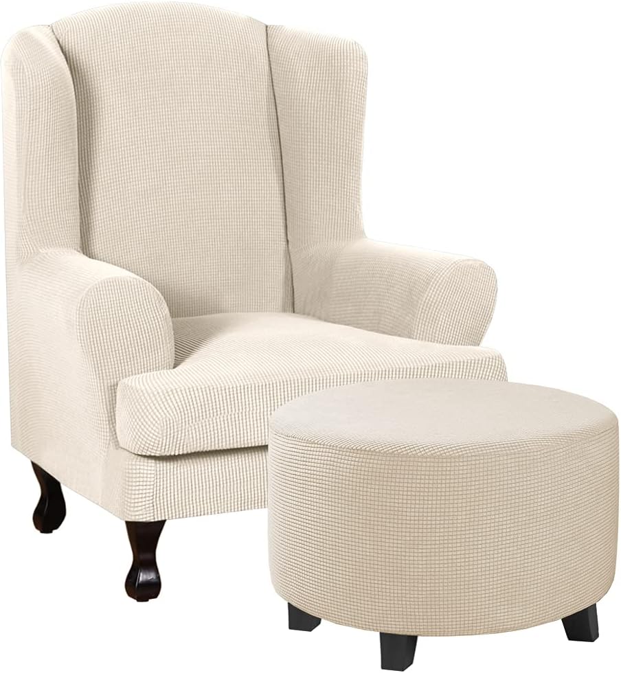 H.VERSAILTEX 2 Piece Wing Chair Covers Bundles Round Ottoman Slipcover(Medium, Natural)