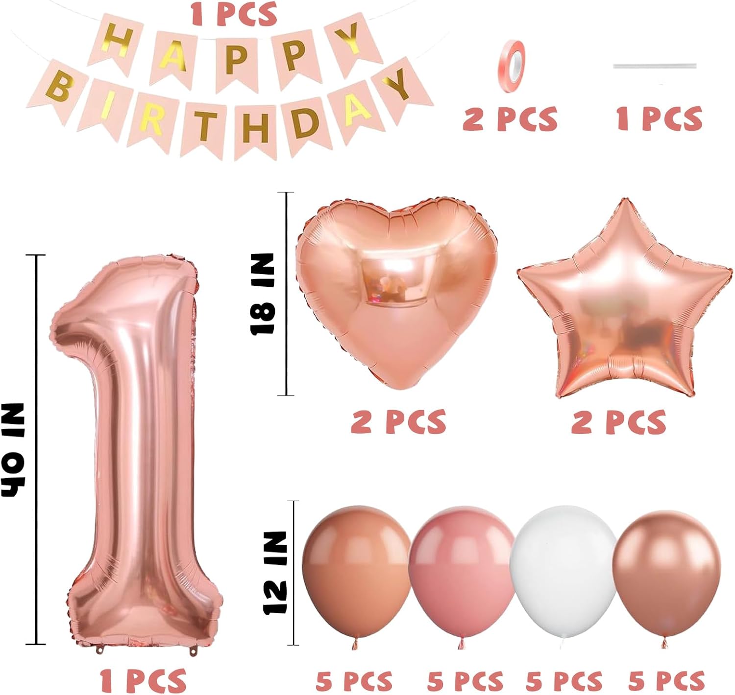 1st Birthday Decoration for Girls,Dusty Pink Rose Gold White 1st Birthday Balloon with 40 Inch Number 1 Balloon Heart Star Balloons Happy Birthday Banner for 1 Year Old Anniversary Baby Shower Decor