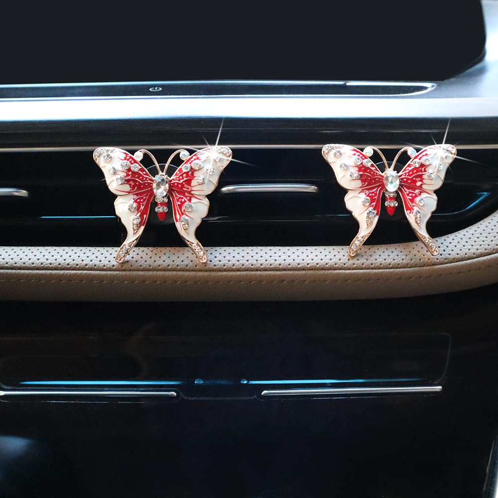 ORIESSE Clips de ventilación para ambientador de coche de mariposa, 2 piezas de bonitas mariposas rojas con aromas de vainilla, accesorios de coche brillantes para mujeres y niñas, ambientador de