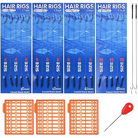 Luroad Hair Rigs For Carp Fishing, 20 Pcs Curved Barbless Barbed Carp Rigs Hook Anti-Tangle Swivel Braided line with 3 Card Boilie Bait Stops Dumbell Stoppers and Stringer Needle (Mixed , Barbless) Cover
