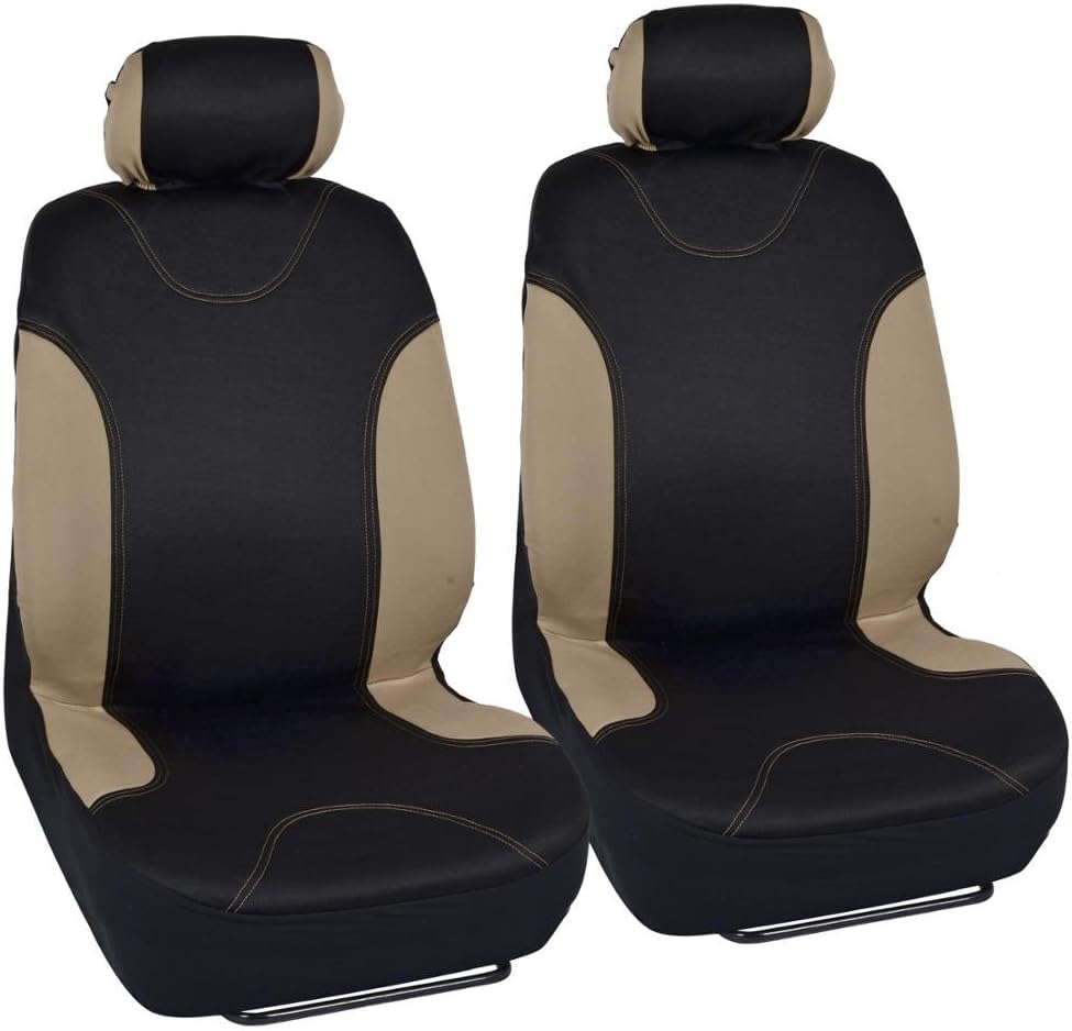 BDK Combo Double Trim Car Seat Covers (2 Front 1 Bench) Auto Carpet Floor Mats (4 Set) with Heavy Protection Interior Covers Two Tone Fresh Design All Protective - Beige Accent