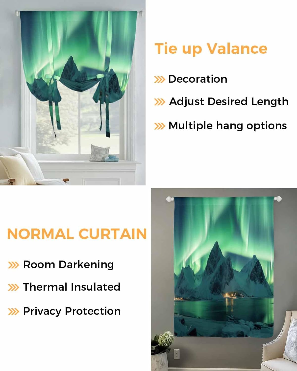 Tie Up Curtain for Windows Aurora Balloon Window Shades for Bedroom Bathroom Adjustable Rod Pocket Iceland Winter Nature Landscape Window Treatments Curtains Valance for Kitchen 52" W x 63" L