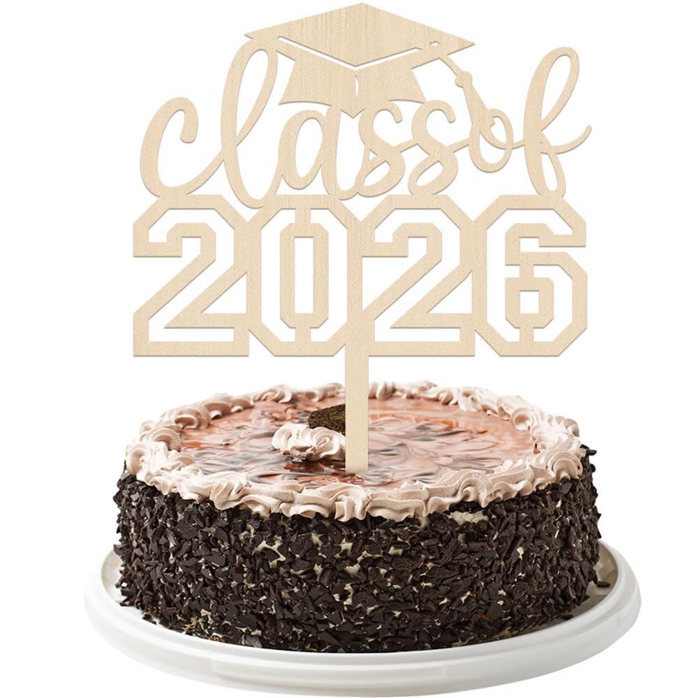 YUINYO Class of 2026 Cake Topper, Congrats Grad 2026 Graduation Cake Decor, High School/College Graduate Celebration Party Decoration Supplies (wood)