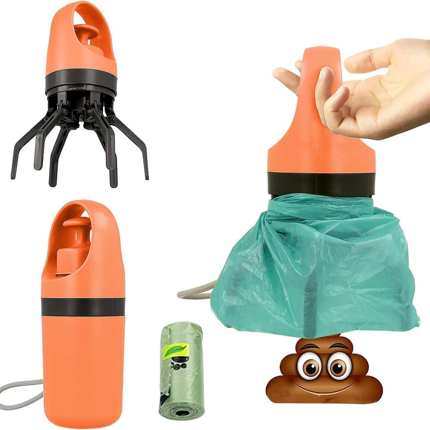 JORCEDI Portable Dog Pooper Scooper,No Touch Poop Scoop with Bags & Leak-Proof Storage, Hands-Free Pet Waste Cleaner for Small, Medium, Large Dogs - Outdoor Yard & Travel Essential (Orange)