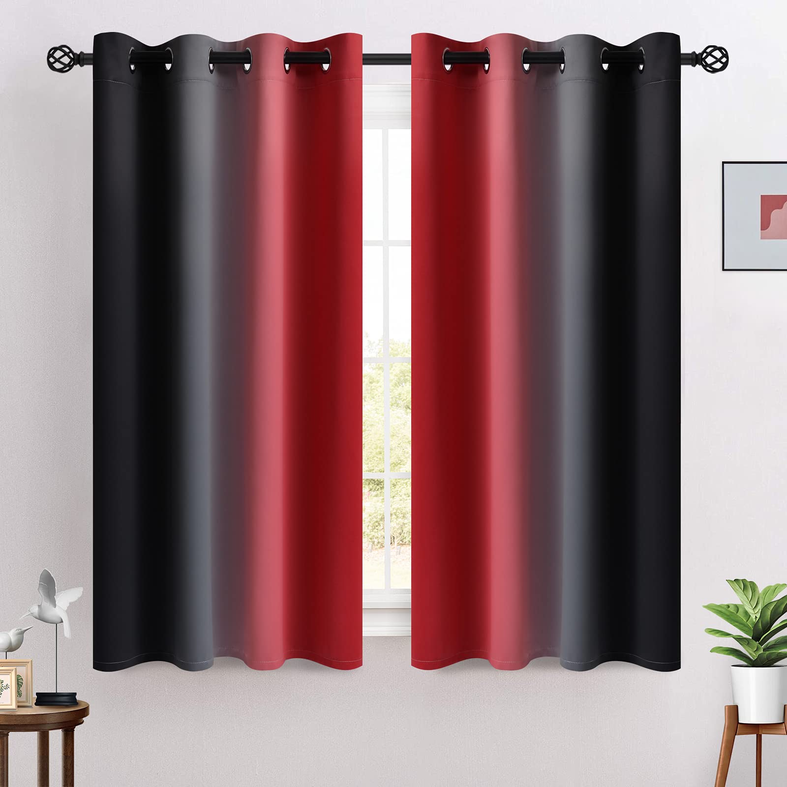 COSVIYA Grommet Ombre Room Darkening Curtains 54 inches Length for Kids Bedroom,Polyester Light Blocking Red and Black Gradient Window Drapes/Curtains for Living Room/Kitchen,2 Panels - Image 2