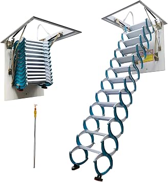 INTBUYING Pull-Down Attic Ladder, 12-Step Retractable Ceiling Ladder, Carbon Steel Folding Attic Stairs Load 660lbs, 9.8ft Vertical Height, 31.5x35.4in Size Ceiling-Mounted Telescopic Stairs, Blue