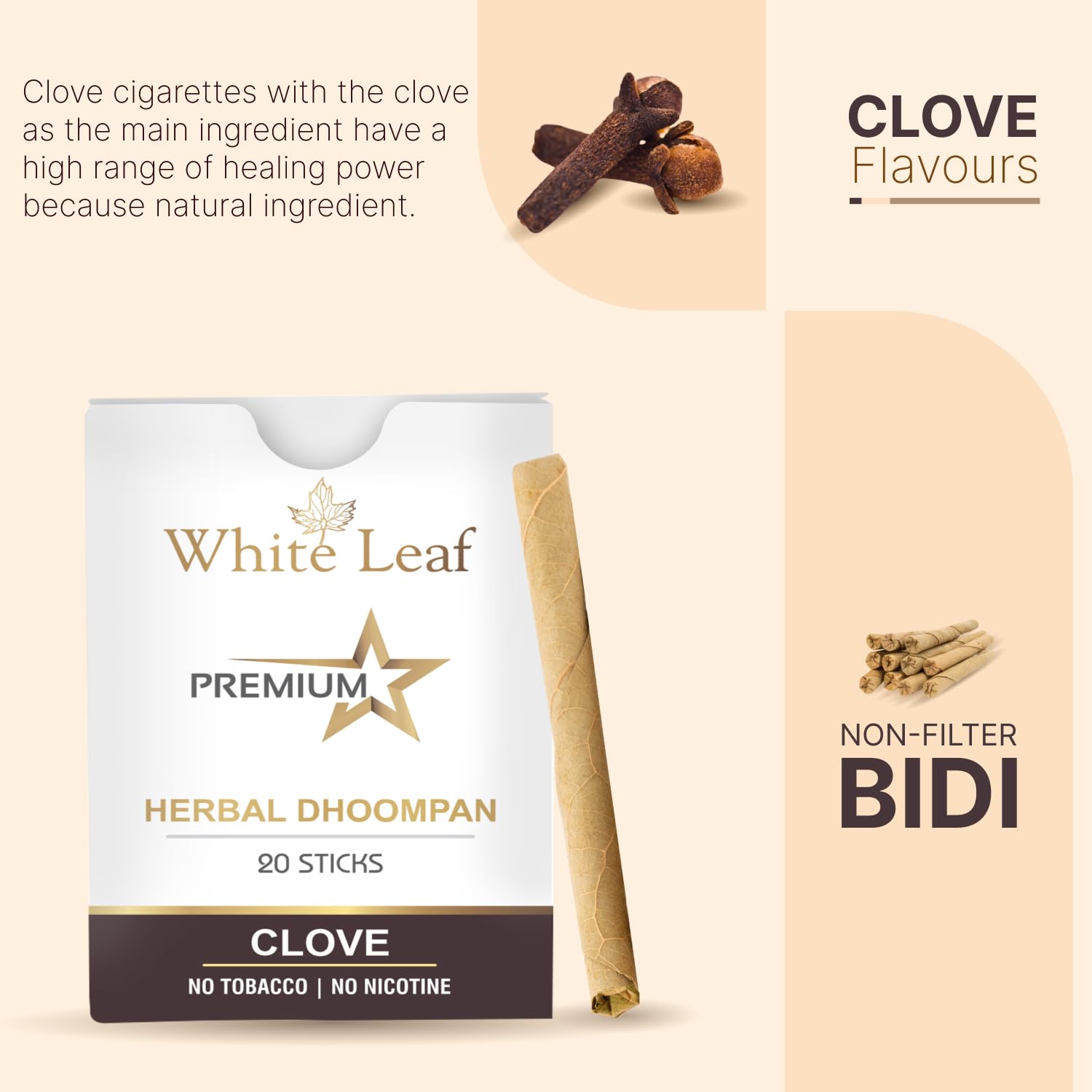 bidi tobacco leaf White Leaf Ayurvedic and Herbal Long Filtered Bidi Smoke (Pack Of 1 X 20  Bidi Sticks Per Pack)