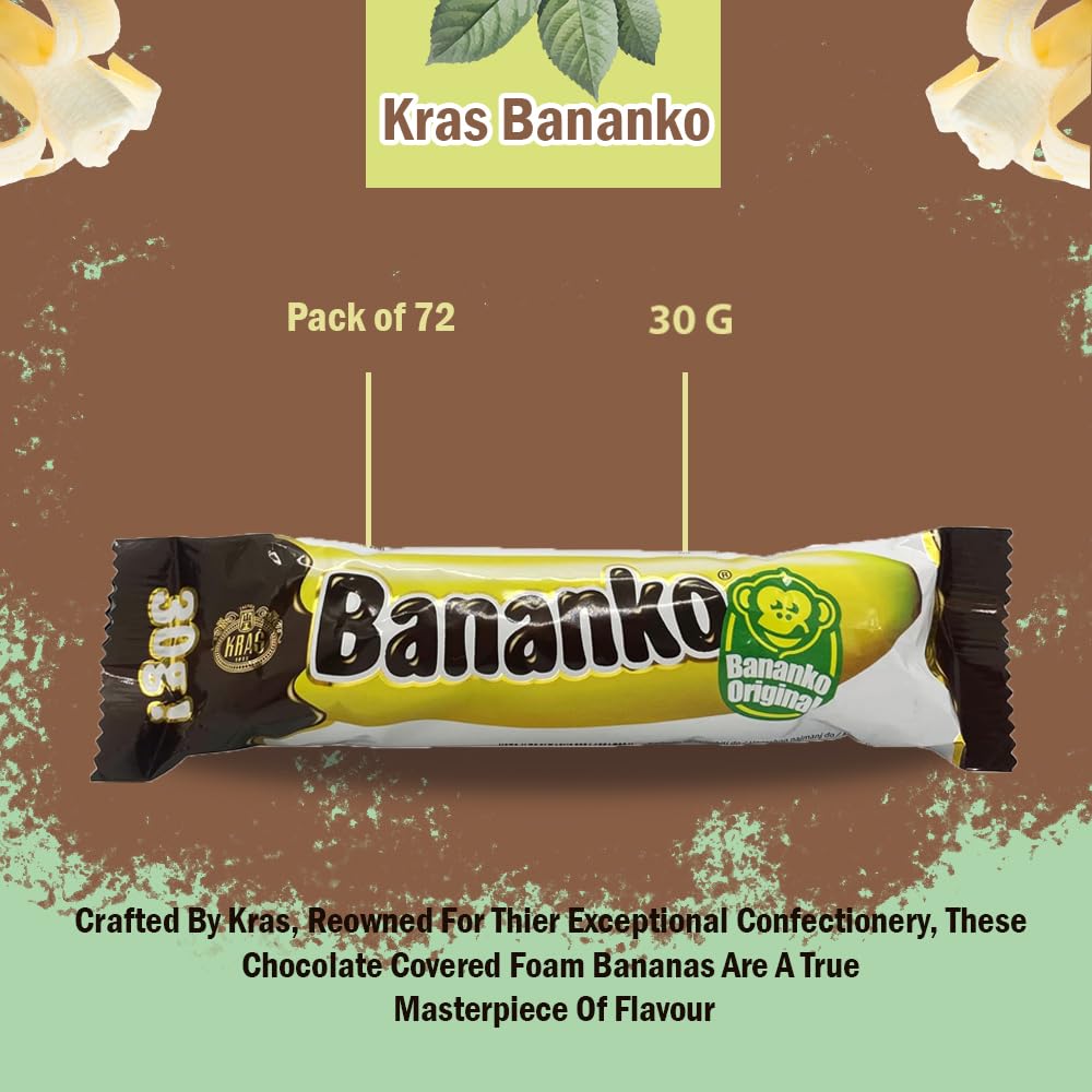 Kraš Bananko 120g - Mini banane con schiuma ricoperte di cioccolato irresistibilmente deliziose - Concediti ogni boccone di dolce felicità! Confezione da 5 (30G, 72 Pack)