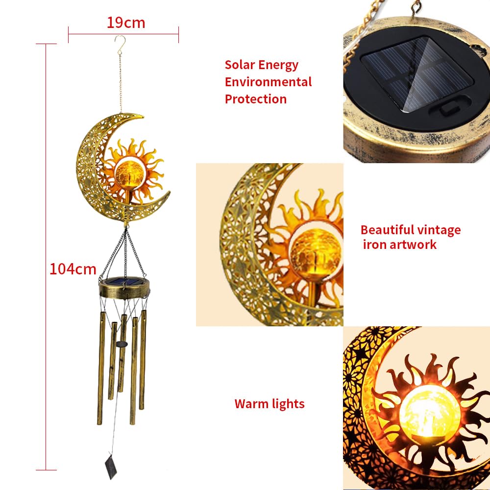 Carino solare alimentato sole e lune vento campana luce decorativa, ferro arte sole e lune vento campana, un regalo portatile a LED luce decorativa all'aperto per gli amici.