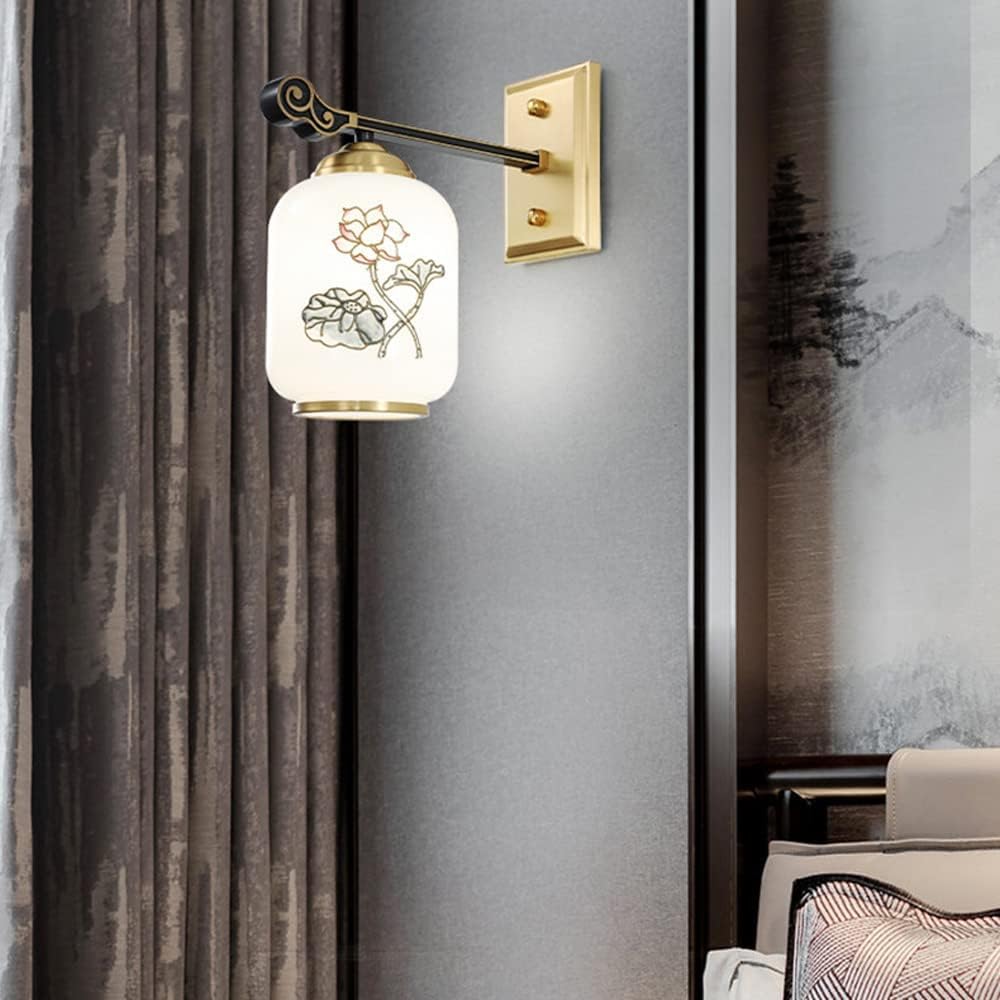 ASerZenith Led Wall Lamp, Chinese 丨Black Rubbed Copper Wall Light With Living Room丨Lotus Leaf Glass Lampshade Wall Sconces With Bedroom Bedside Lamp丨Wall Fixtures(Pattern)