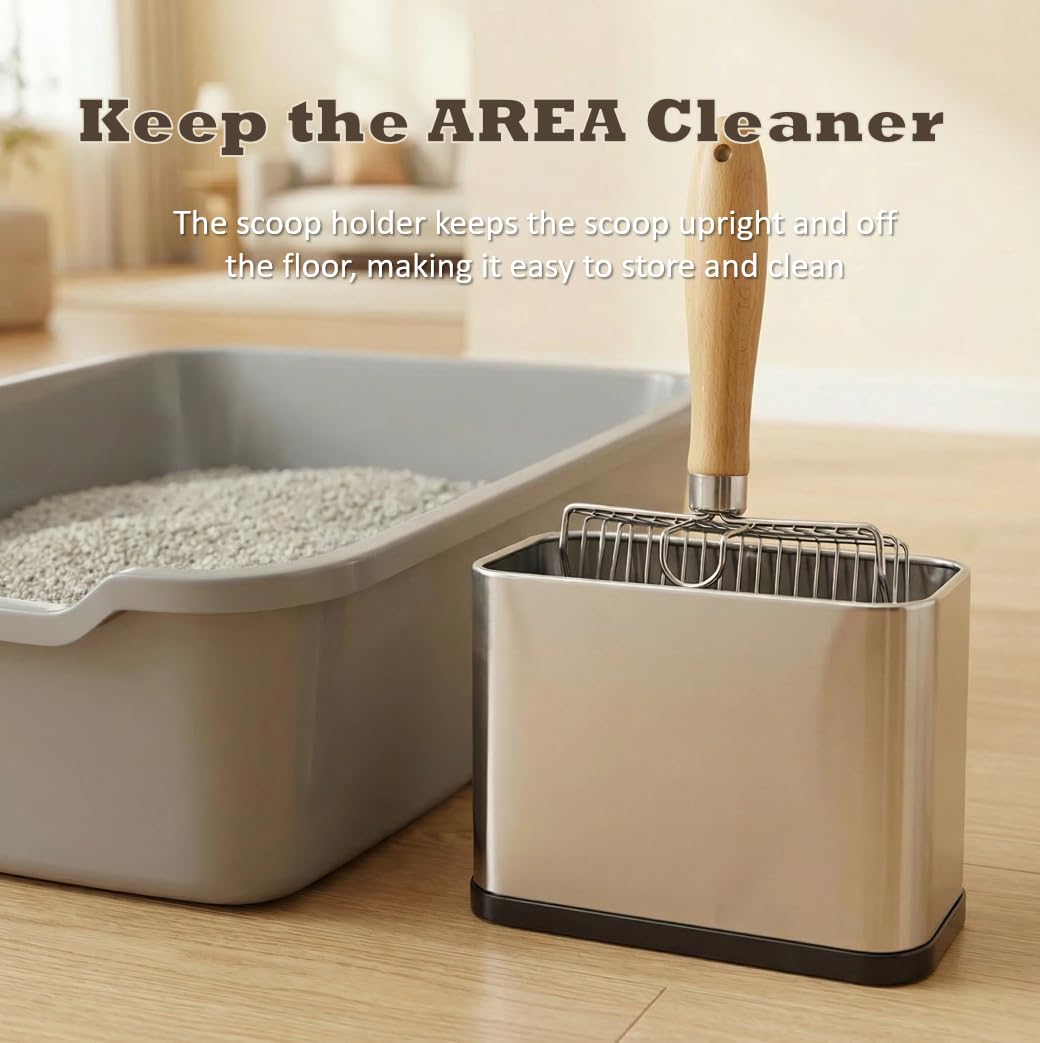 Metal Cat Litter Scoop with Holder, Stainless Steel Cat Litter Scooper Holder Trash Container, Heavy-Duty Kitty Poop Scooper with Coarse and Fine Grids for All Litter Pan - image 4