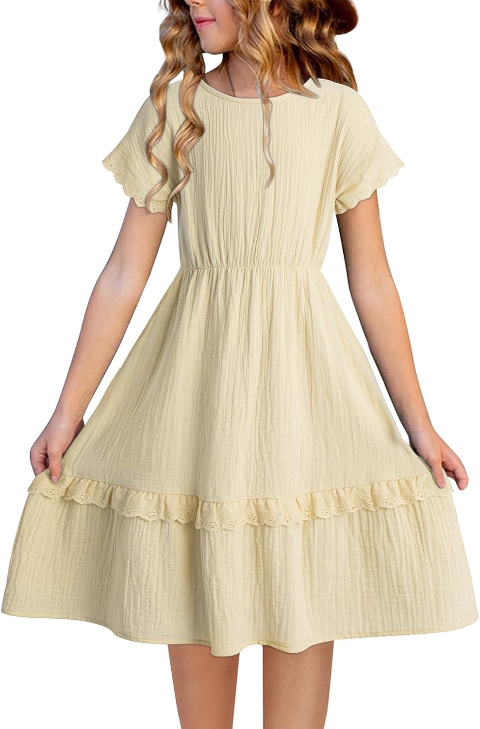 blibean Girls Cotton Short Sleeve Dresses Lace Semi Formal Dress Size 6-15 Years