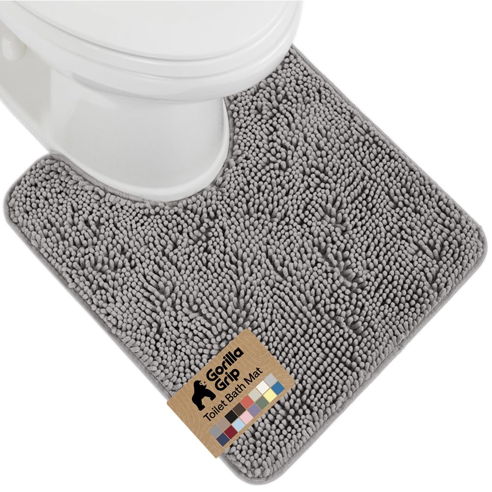Gorilla Grip Original Shaggy Chenille Oval U-Shape Contoured Mat for Base of Toilet, 22.5x19.5 Size, Machine Wash and Dry, Soft Plush Absorbent Contour Carpet Mats for Bathroom Toilets (Gray)