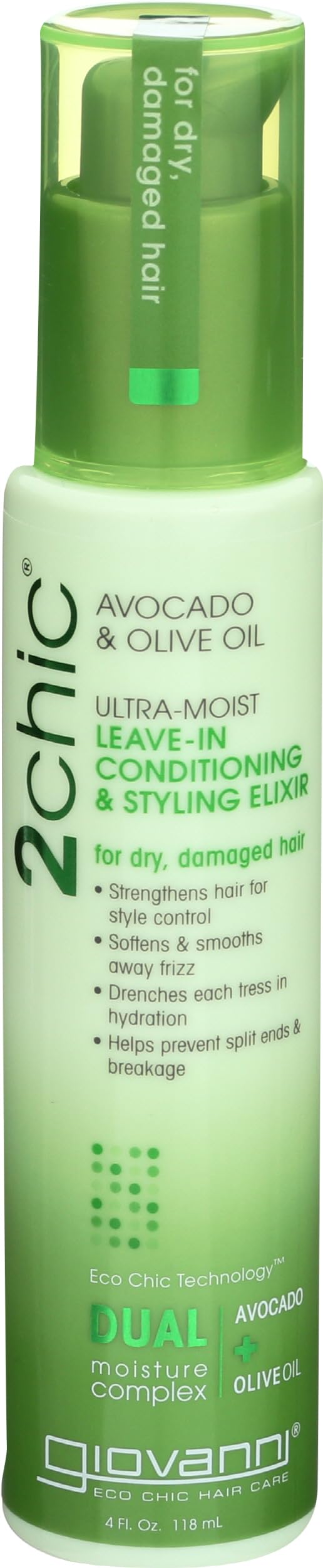 GIOVANNI 2chic Ultra-Moist Leave-In Conditioning Styling Elixir - Smoothes Frizz Prevents Breakage, For Dry & Damaged Hair, Avocado & Olive Oil, Enriched with Aloe Vera, Shea Butter - 4 fl oz