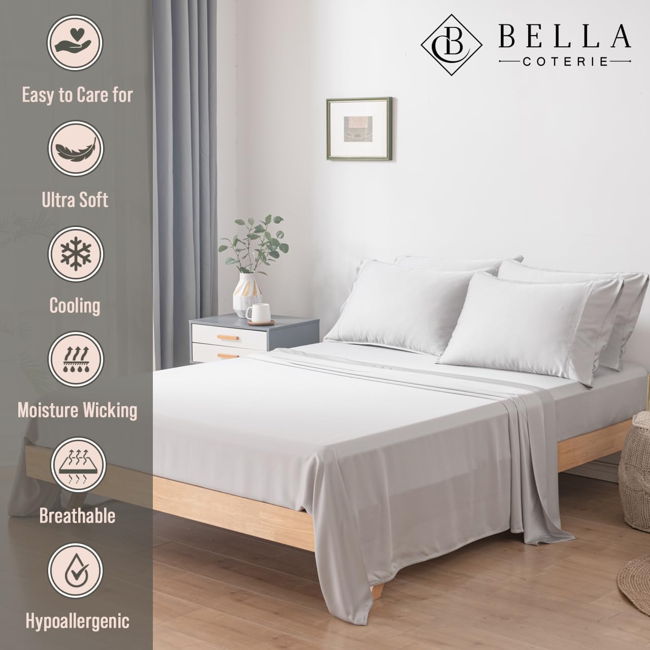 Bella Coterie 6 Piece Luxury Bamboo Viscose Queen Size Sheet Set | 100% Organically Grown | Cooling for Hot Sleepers | 18" Deep Pocket | Soft & Hypoallergenic | 4 Pillowcases [Grey Mist]
