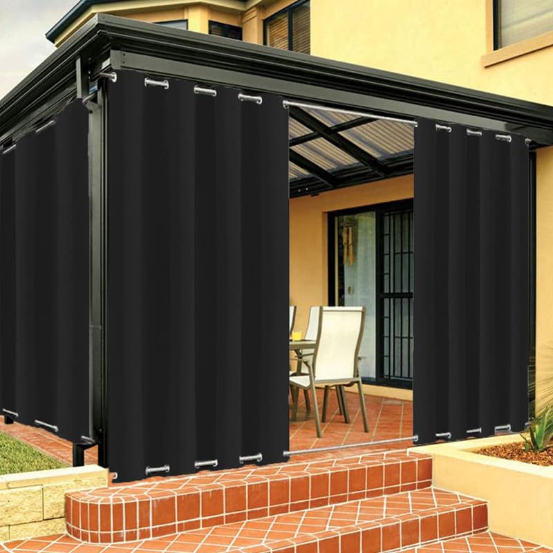 FicaRico Weighted Windproof Outdoor Curtains for Patio with Grommets On Top and Bottom, Waterproof Blackout Curtains for Pergola, Gazebo, Customizable Sizes, 1 Panel, W52 xH72, Black