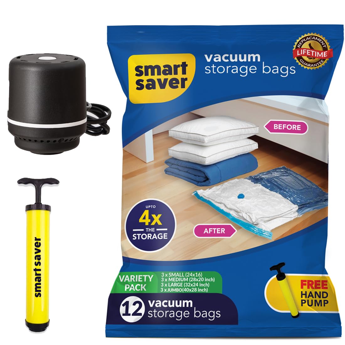 Smart Saver Polyamide Polyethylene Vacuum Compression Bags|Vacuum Storage Bags|Vacuum Bags For Travel|Space Saver Vacuum Bags(12Pack-3X(Jumbo,Large,Medium,Small)+Electric Pump),White