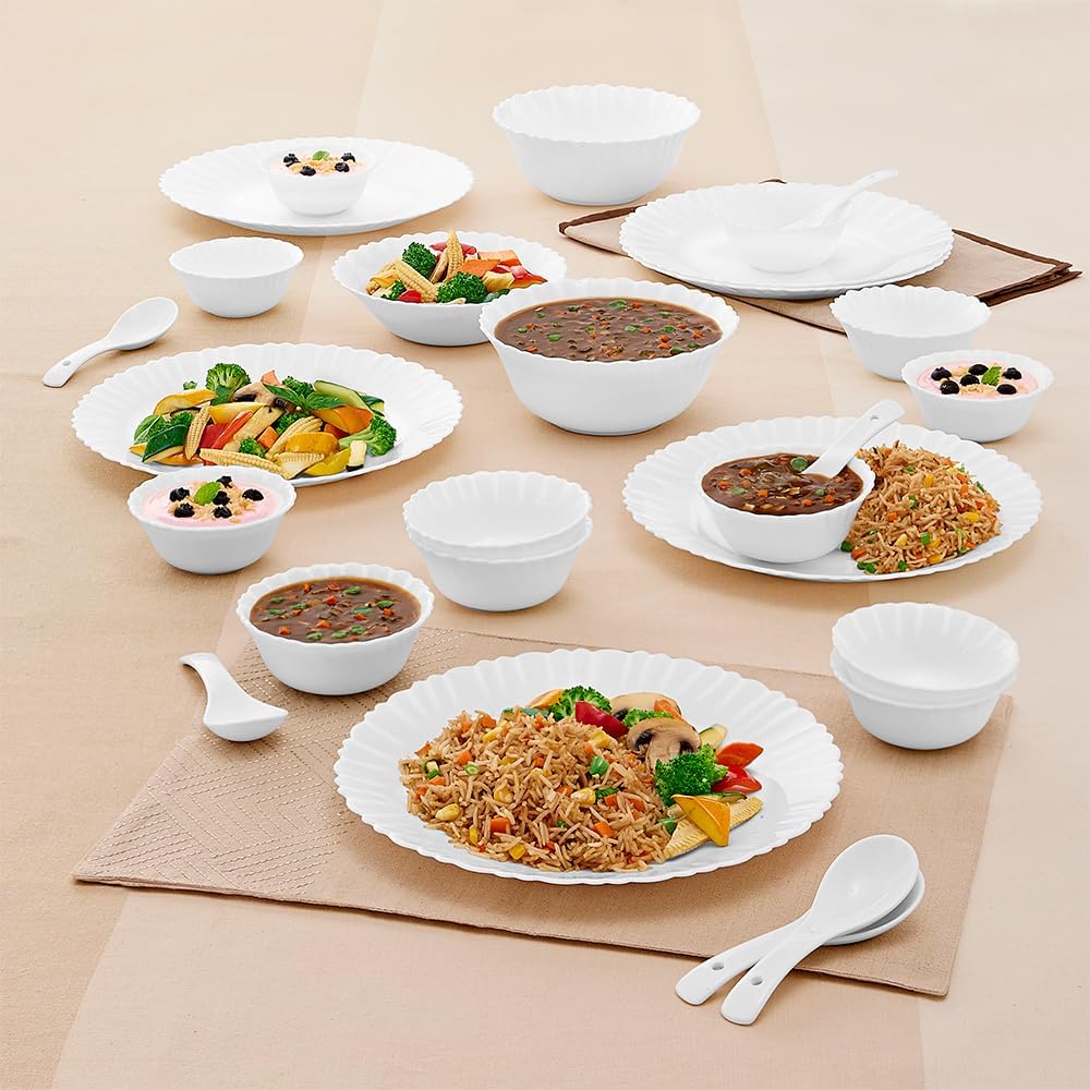 Larah by Borosil Plain White Silk Series Opalware Dinner Set | 27 Pieces for Family of 6 | Microwave & Dishwasher Safe | Bone-Ash Free | Crockery Set for Dining & Gifting | Plates & Bowls | White