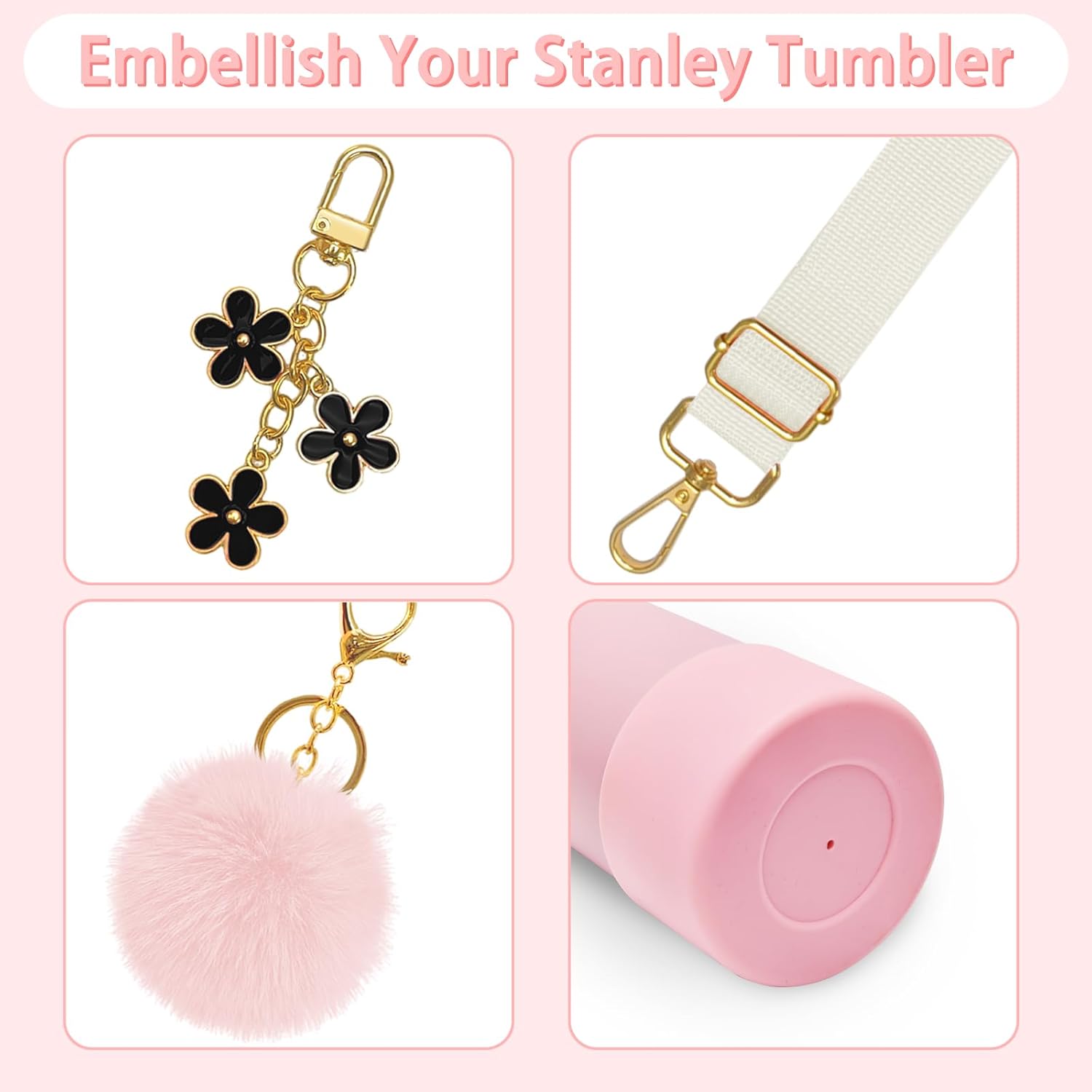 6Pcs Accessories for Stanley Cup 40 oz,Adjustable Handle Strap,Plush Ball,Flower Charms,Rubber Ring,Heart-Shaped Hook,Charms,Siliocne Boot for Stanley 40oz Tumbler