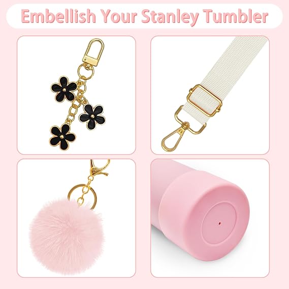6Pcs Accessories for Stanley Cup 40 oz,Adjustable Handle Strap,Plush Ball,Flower Charms,Rubber Ring,Heart-Shaped Hook,Charms,Siliocne Boot for Stanley 40oz Tumbler