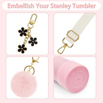 6Pcs Accessories for Stanley Cup 40 oz,Adjustable Handle Strap,Plush Ball,Flower Charms,Rubber Ring,Heart-Shaped Hook,Charms,Siliocne Boot for Stanley 40oz Tumbler