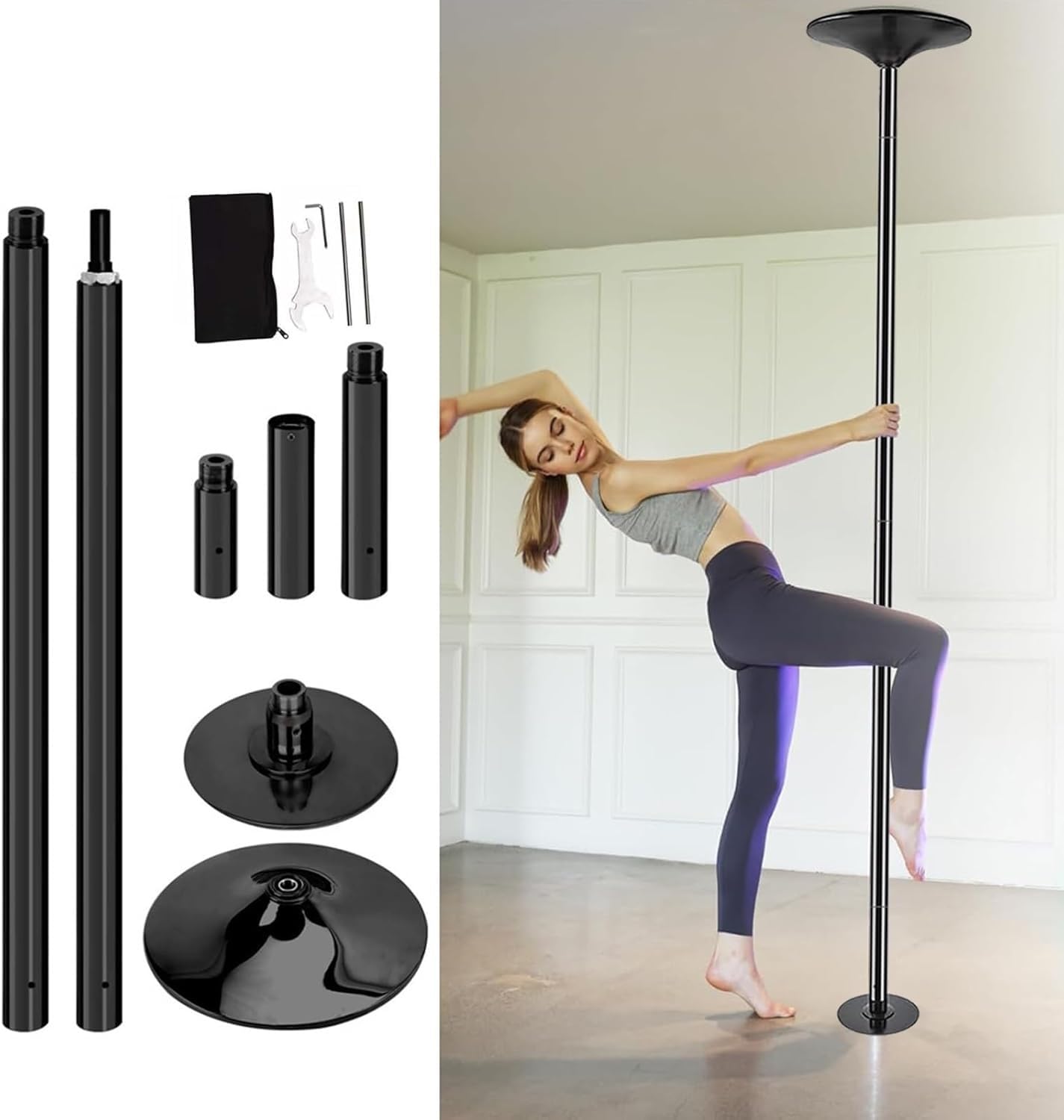 NGDFGR Dance Pole Spinning Pole Dancing Pole Removable Steel Pole For Training Dance & Exercise, 45Mm Spinning Rod Adjustable,Black-2.24m-2.77m(7.3ft-9ft)
