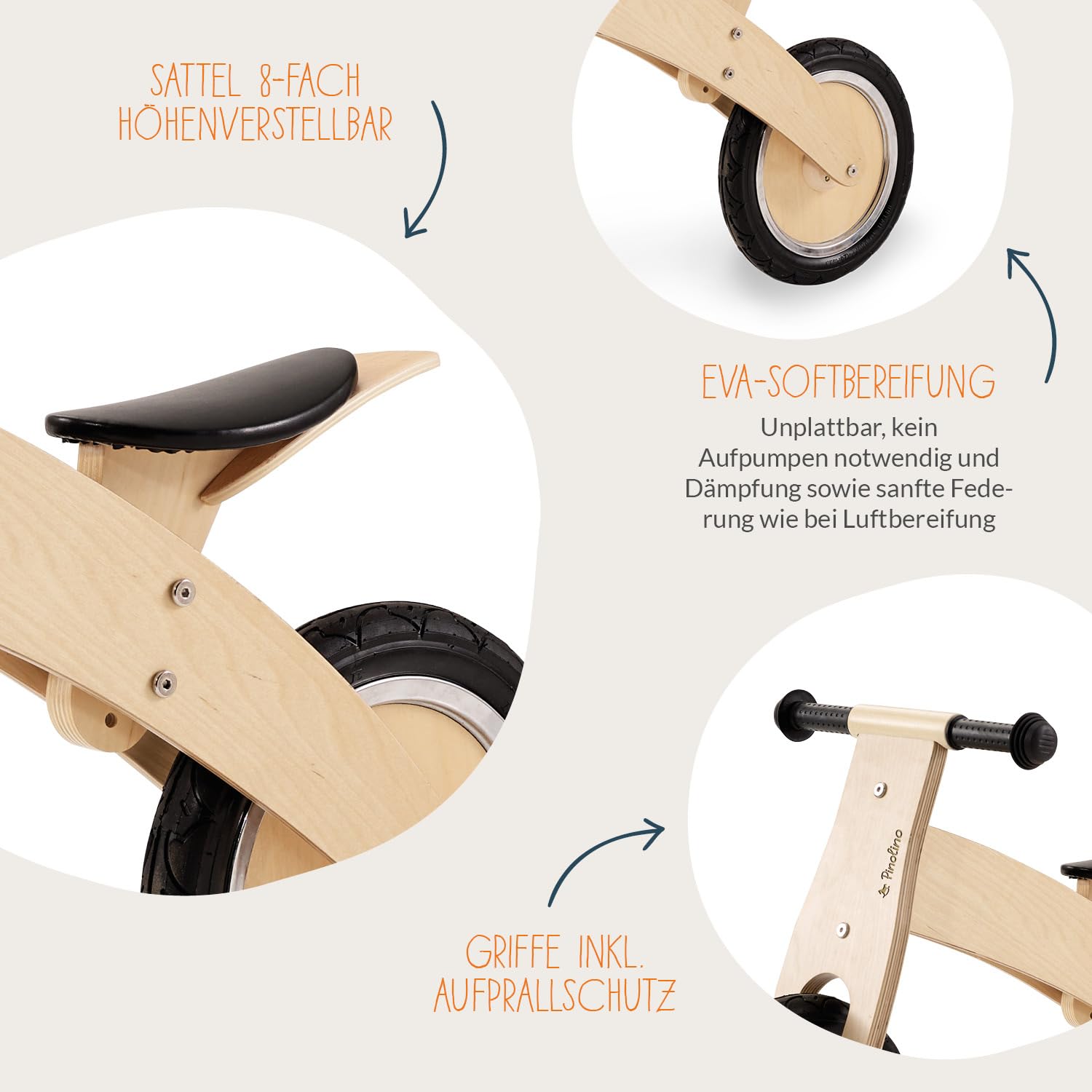 Pinolino 239471 Lino Balance Bike, Laccato Trasparente, in Legno, Pneumatici Non Piatti, Convertibile da Chopper a Balance Bike, per Bambini di età Compresa tra 2 e 5 Anni Naturale 85 x 38 x 55