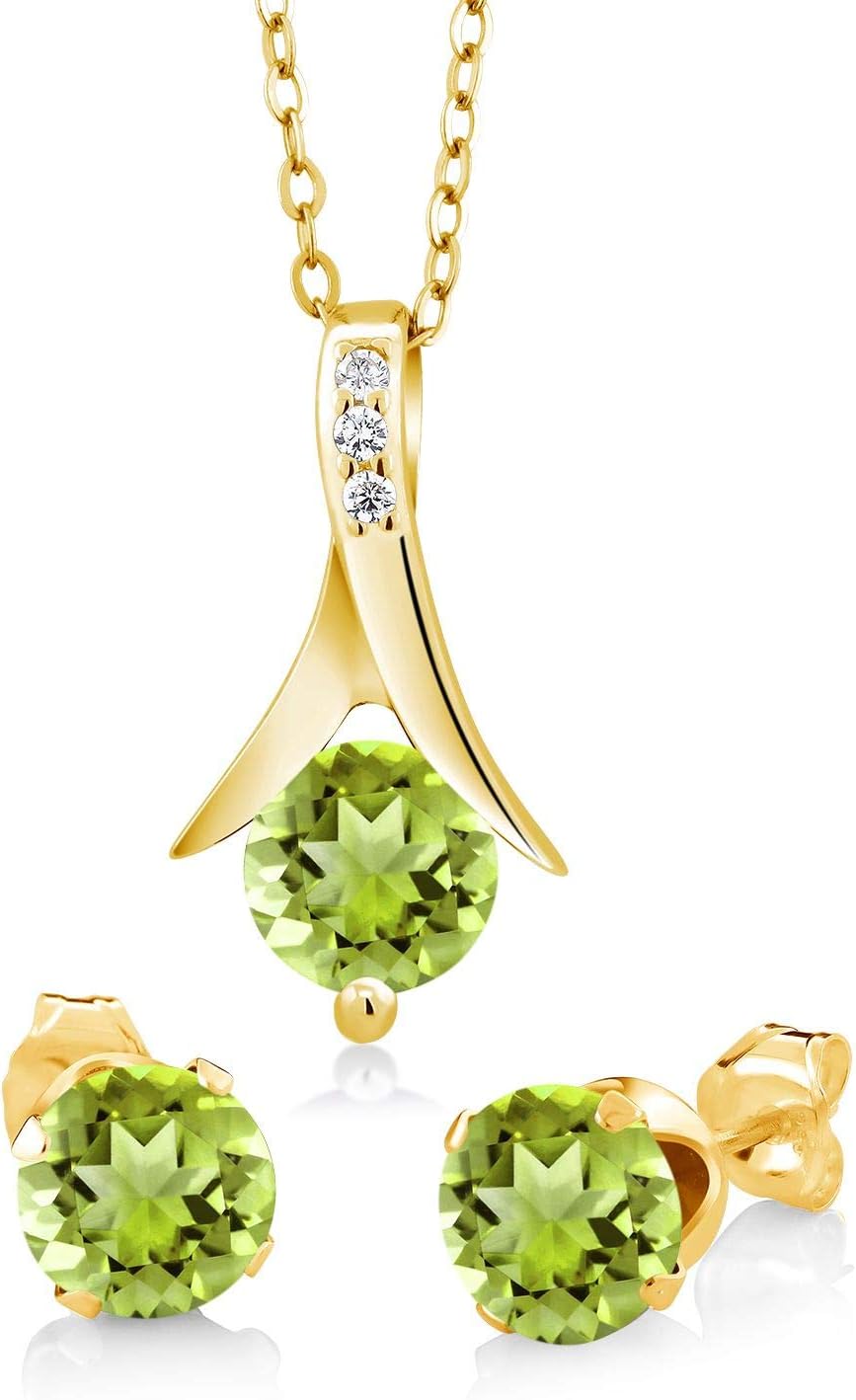 Gem Stone King 18K Yellow Gold Plated Silver Green Peridot Pendant and Earrings Jewelry Set For Women | 3.00 Cttw | 6MM Round Gemstone Birthstone | With 18 Inch Chain