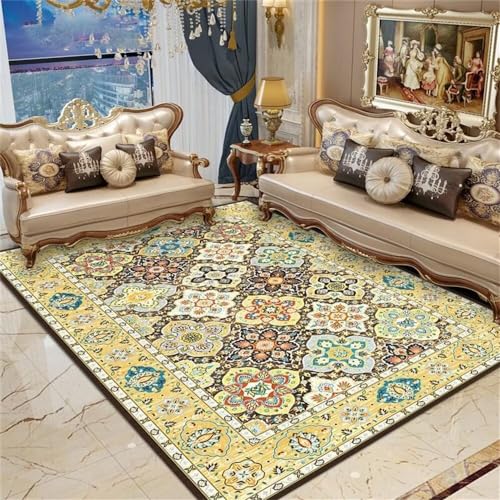 Carpette chambre motif floral jaune 120x180 tapis vintage de chevet - 2