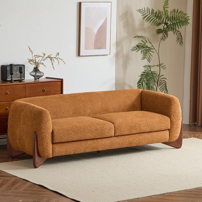 Image of Upholstered 3 Seater Sofa Three Seater Sofa with Wooden Legs for Living Room Hotels & Offices (Caramel Orange)