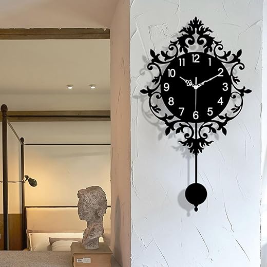 Vintage Ornate Pendulum Wall Clock – Silent Non-Ticking, 16.5 Inch Large Black Wall Clock with Swinging Pendulum for Living Room, Bedroom, Kitchen, Entryway