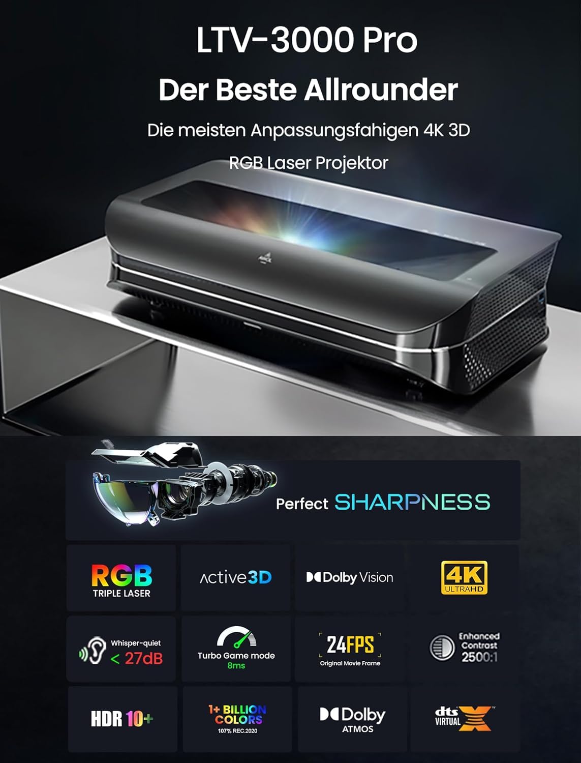 AWOL VISION Heimkino Bundle – Enthält LTV-3000 Pro 4K Ultrakurzdistanz Laser Beamer + 100" Mattweiße Leinwand + DLP Link 3D-Brille (2er-Pack)