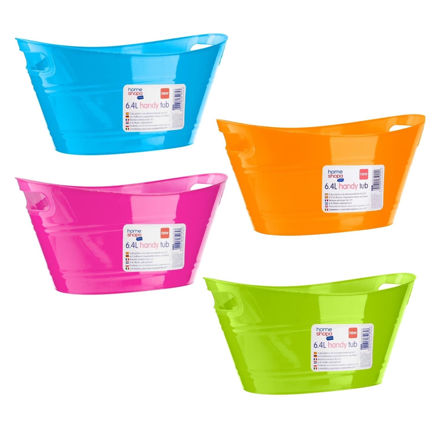 HOMESHOPA Handy Tub Ice Bucket, Plastic Beverage Bucket With Handle, Stackable & Lightweight, Cooling Bottles Cans Utility Tub, Ideal for Party, Home & Garden (Blue/Green/Pink/Yellow, 4 Pack)