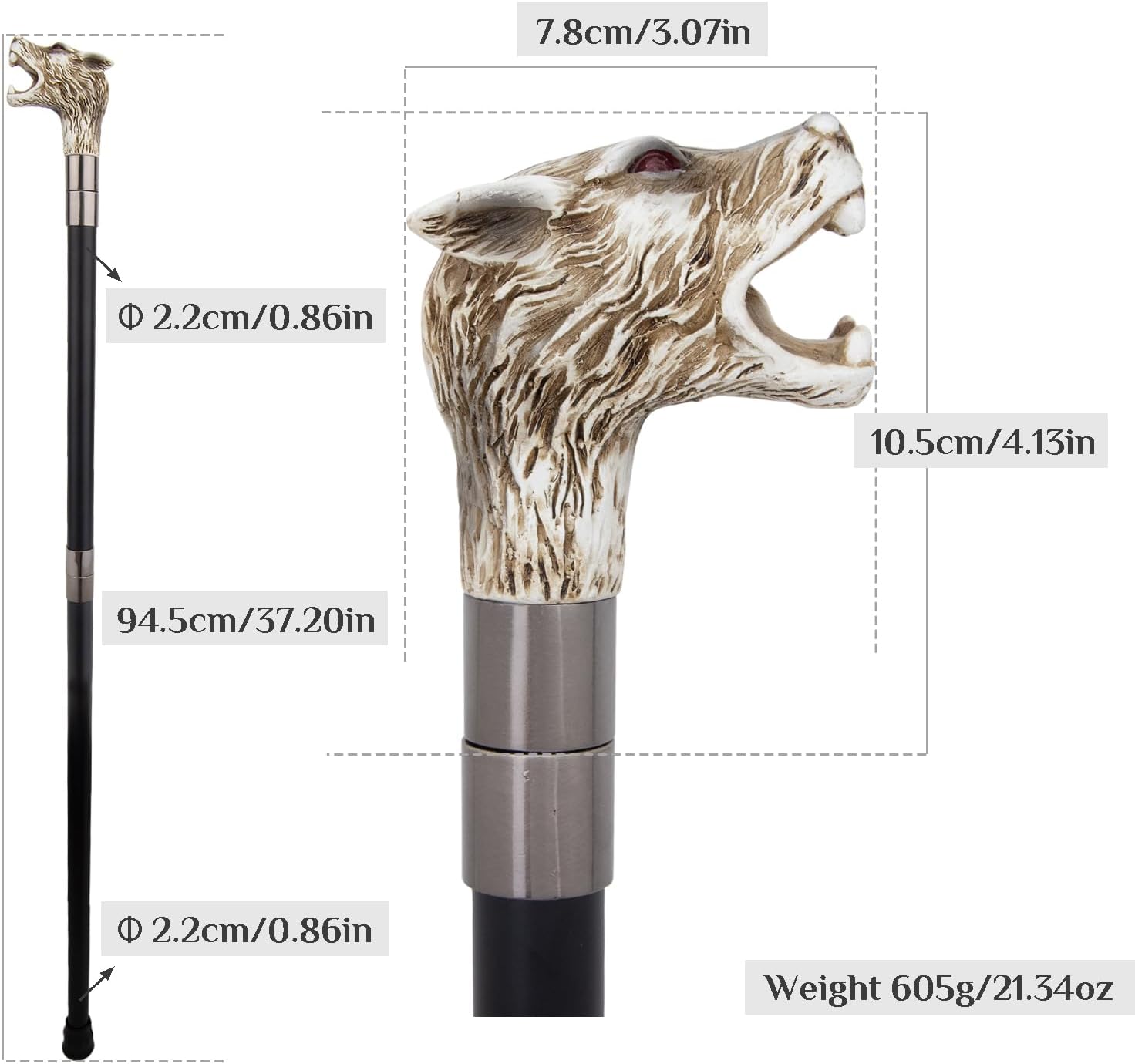Red Eyes Yellow Resin Wolf Head Walking Cane Decorative Stick Cane for Halloween for Cosplay and Parties, for Cosplay & Party