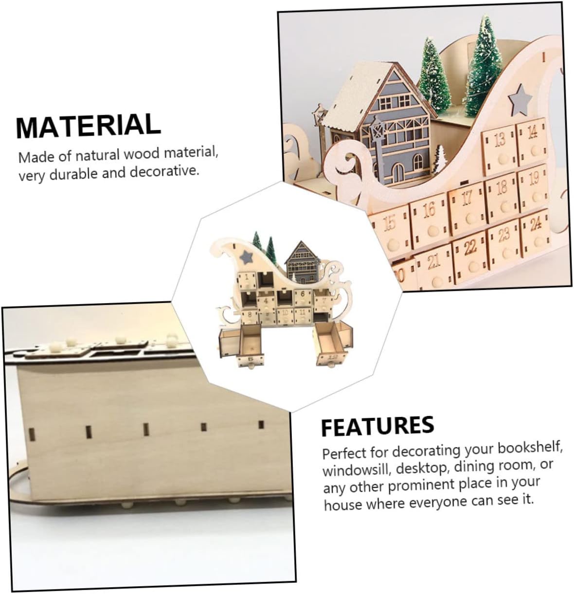 1pc Creative Wooden Calendar Sleigh Decor for Advent Calendar Led Light Festive Tabletop Decoration for Holiday Celebrations