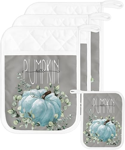 Miniatura 8 de Blue Pumpkins - Juego de 2 agarraderas para cocina, antideslizantes y aislantes de calor, juego de agarraderas de tela de toalla con bolsillo,